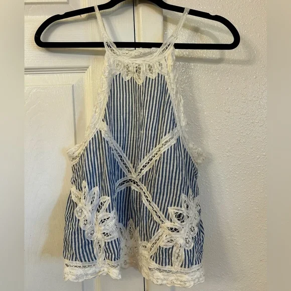 Free People Lace Blue White Stripe Halter Top 100% Cotton Size Medium - Picture 2 of 7